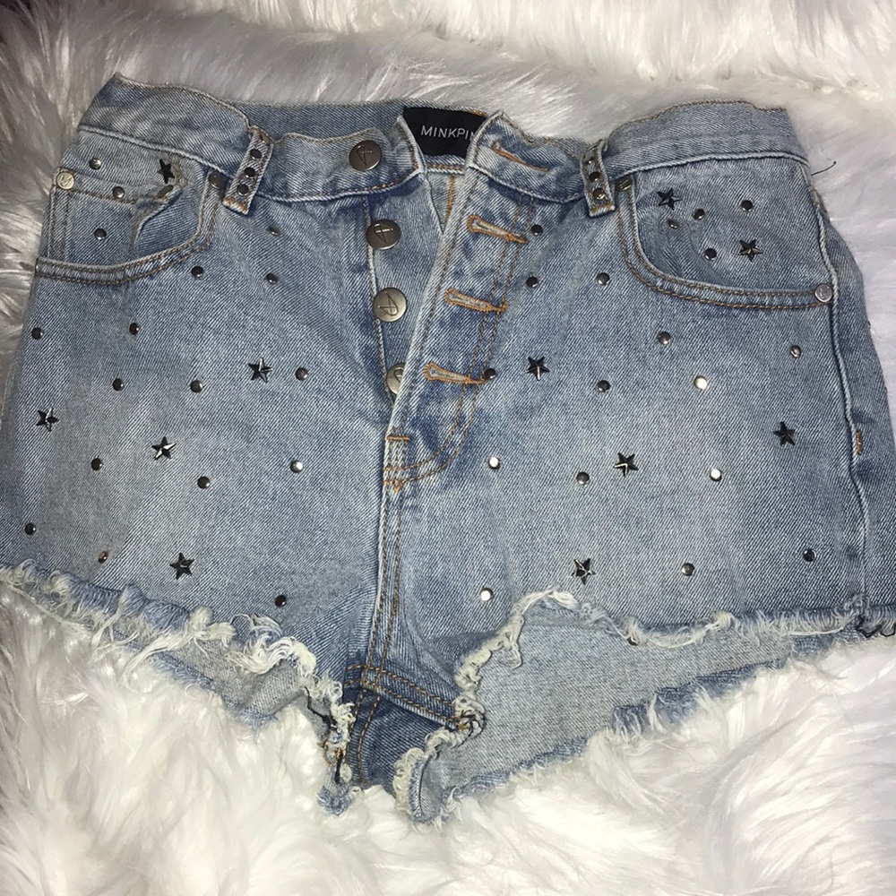 Minkpink light wash studded jean shorts